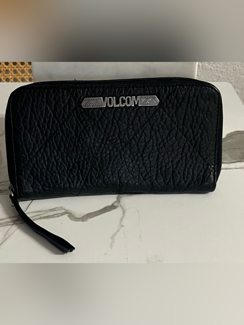 Volcom Black Textured Zip-Around Wristlet Wallet with Metal Logo